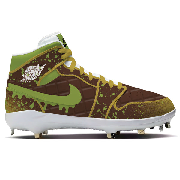 Jordan 1 Retro baseball cleats inspired by Dubai chocolate featuring rich brown tones with green and gold accents 