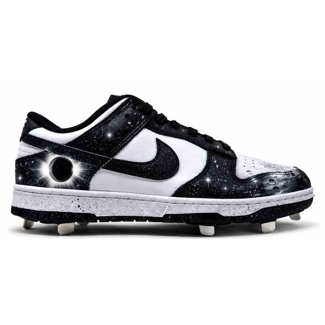 Black and white galaxy eclipse Nike Dunk Low cleats side view by Stadium Custom Kicks
