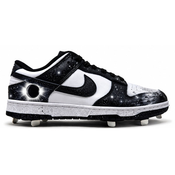 Black and white galaxy eclipse Nike Dunk Low cleats side view by Stadium Custom Kicks
