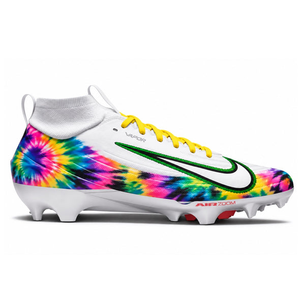 White Nike Vapor Pro 1 football cleats with multicolor tie-dye design yellow laces and green outlined Swoosh side view by Stadium Custom Kicks