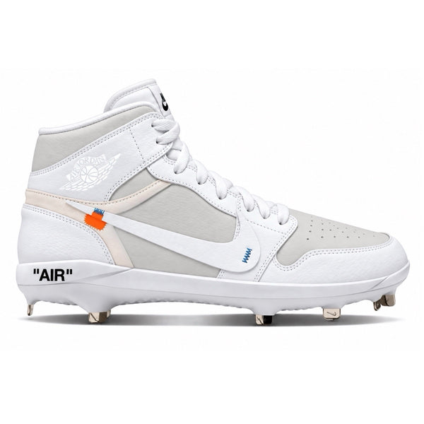 White and gray Jordan 1 Retro baseball cleats with layered Swoosh orange accent tab blue stitching and metal spikes side view by Stadium Custom Kicks