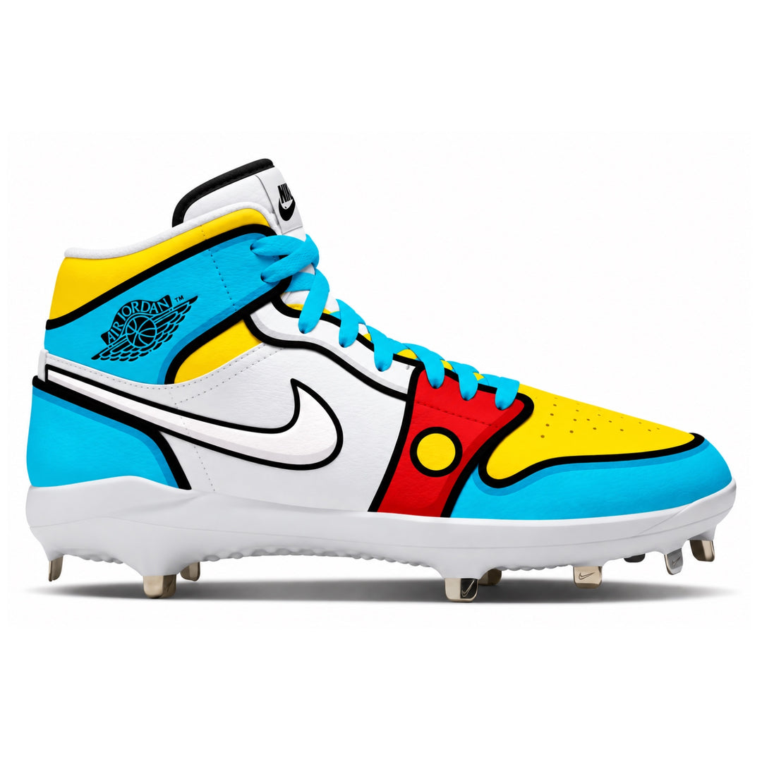 A Nike high-top baseball cleat featuring a vibrant pop-art color-blocked design in yellow, blue, white, and red, with black outlines. The shoe includes a white Nike Swoosh, a black Jordan Wings logo, and metal cleats on a white sole, set against a plain white background.