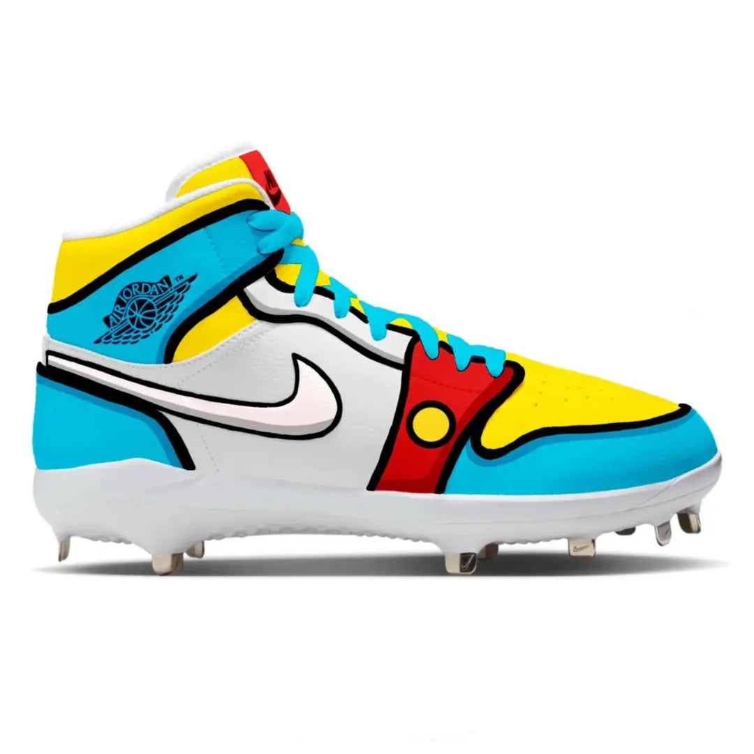 Colorful cleated shoe with a prominent brand logo on a white background