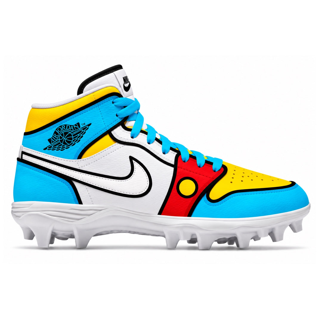 A Nike high-top football cleat in a vibrant pop-art color scheme of blue, yellow, red, and white, featuring a white swoosh and a black Jordan Wings logo.