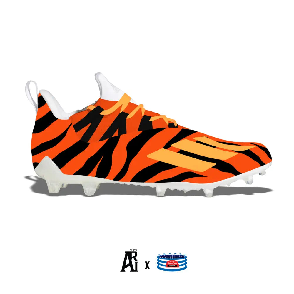 Orange and black tiger-striped Adidas Adizero 11.0 Football Cleats displayed