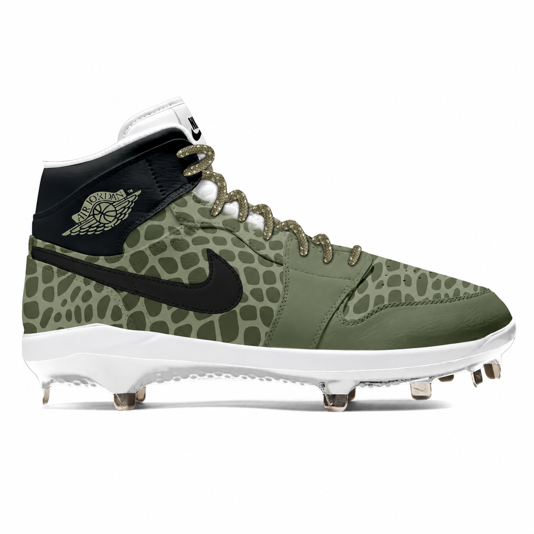 A high-top Nike baseball cleat featuring an olive green and black animal print pattern, a black Swoosh, and a white midsole with metal studs, shown against a plain white background.