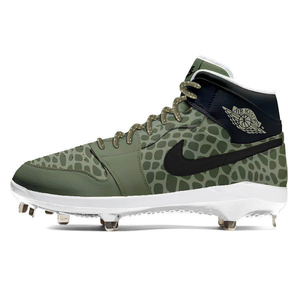 Jordan 1 Retro baseball cleats featuring a field viper snake pattern in forest green and black for a stealth look