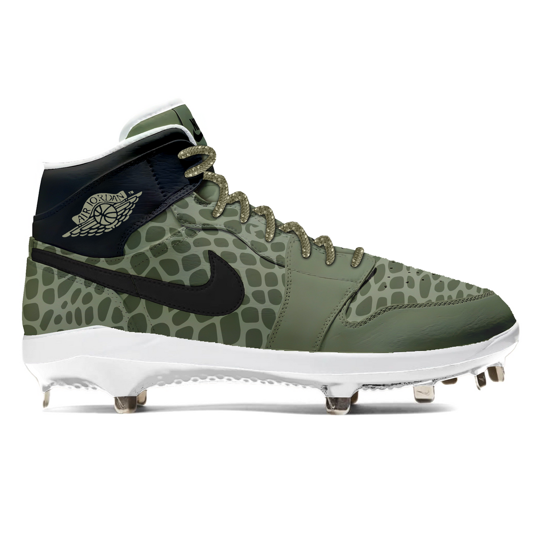 Jordan 1 Retro baseball cleats featuring a field viper snake pattern in forest green and black for a stealth look