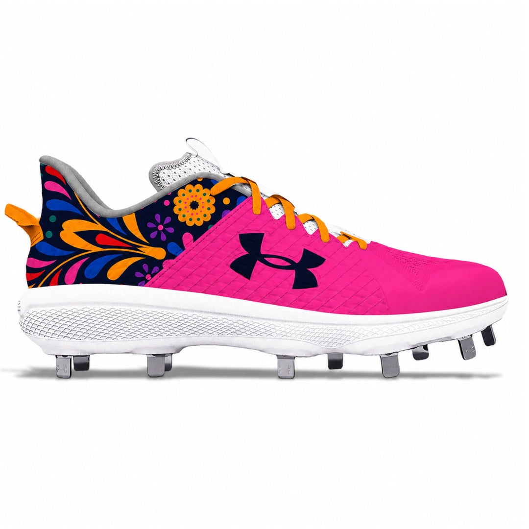 Custom colorway featuring a hot pink upper with a vibrant navy heel featuring colorful floral and botanical print in orange, red, blue, and purple with orange laces and metal spikes by Stadium Custom Kicks