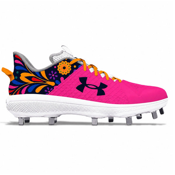 Custom colorway featuring a hot pink upper with a vibrant navy heel featuring colorful floral and botanical print in orange, red, blue, and purple with orange laces and metal spikes by Stadium Custom Kicks