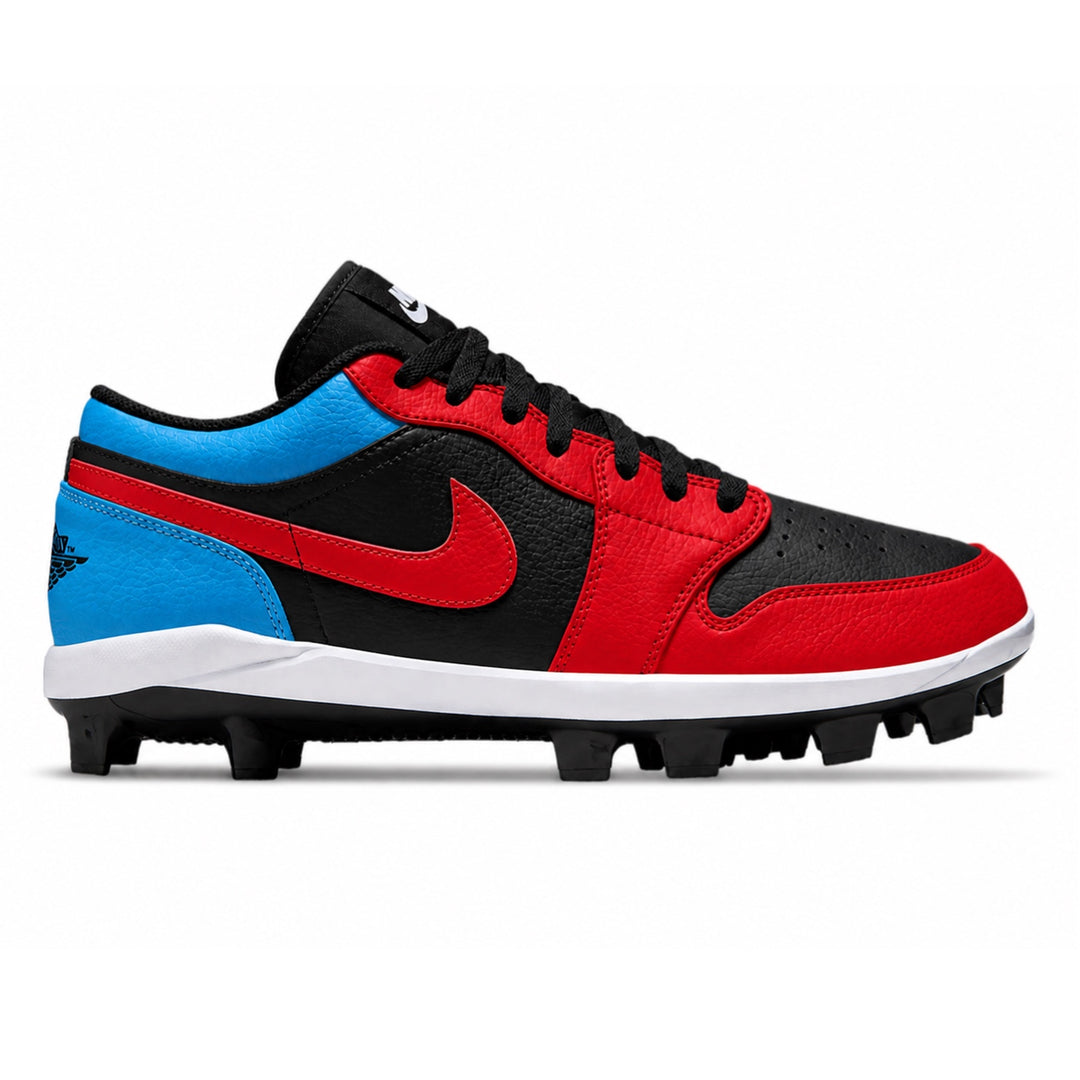Fire red, black, and blue cleated shoe on a white background