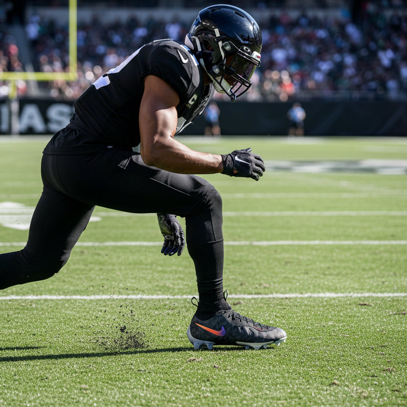 Football player in black uniform and helmet on a field with spectators in the background
