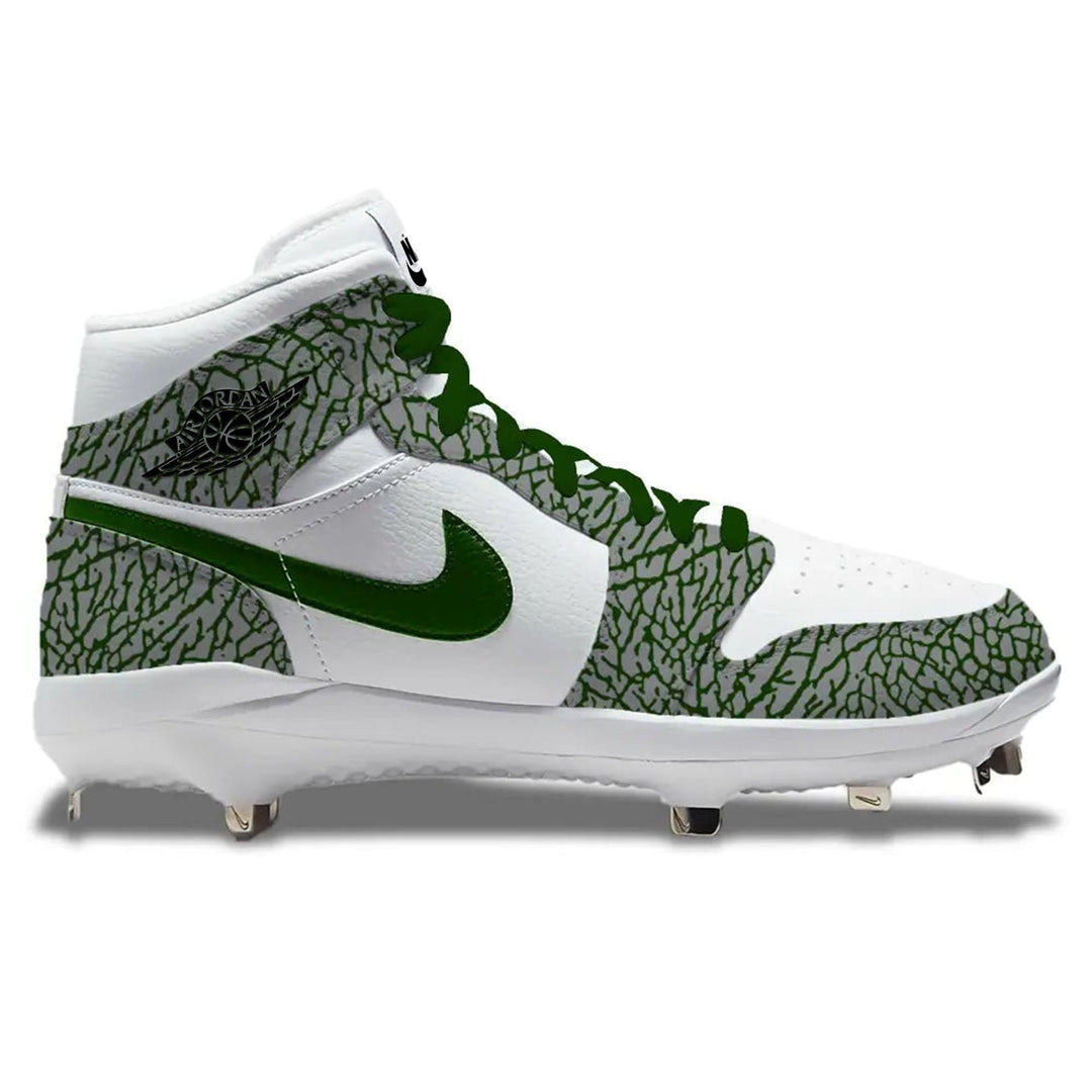 White and green Forest Green Elephant Jordan 1 Retro Cleats on display