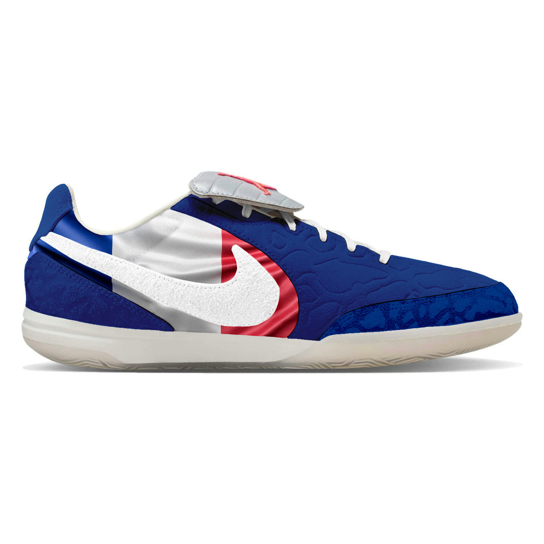 Jordan Tiempo Streetgato SE Indoor Soccer Shoes in a France colorway featuring a blue, white, and red "Les Bleus" design inspired by the French national team, custom made by Stadium Custom Kicks