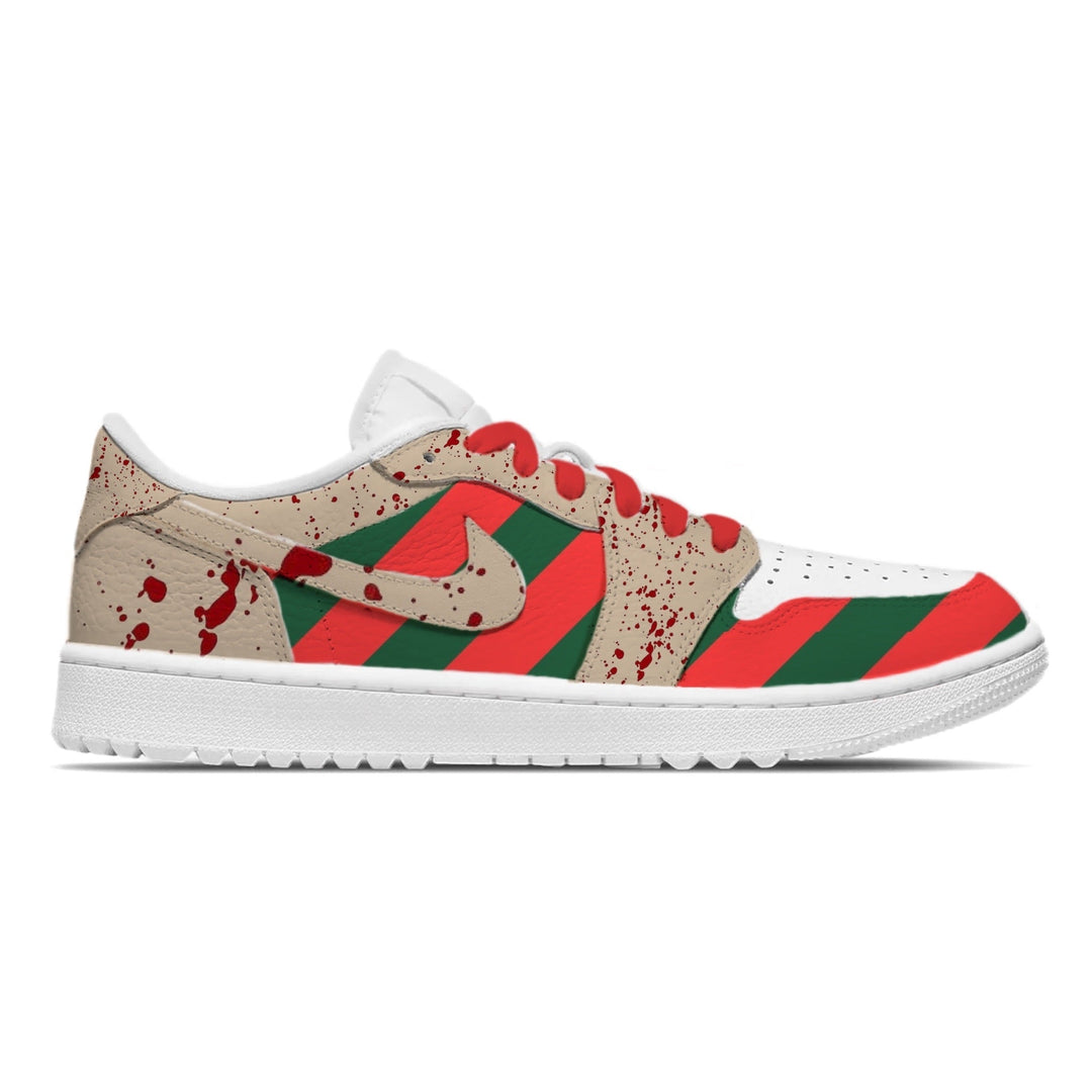 red and green stripes and blood stained low top Freddy Krueger Nightmare on Elm Street inspired golf shoes.