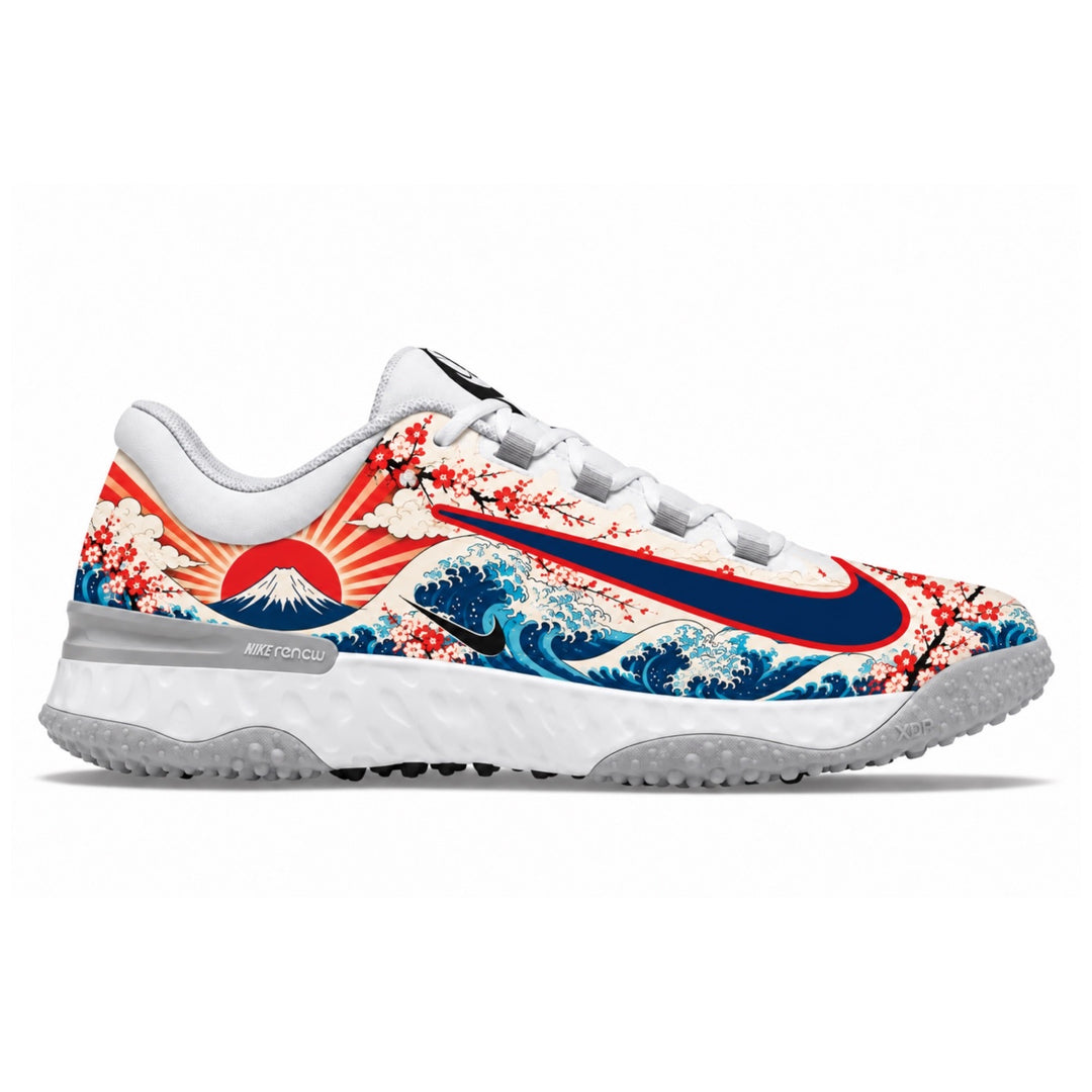 White Nike Alpha Huarache Elite 4 turf shoes with Mount Fuji rising sun blue waves cherry blossoms and blue Swoosh side view by Stadium Custom Kicks