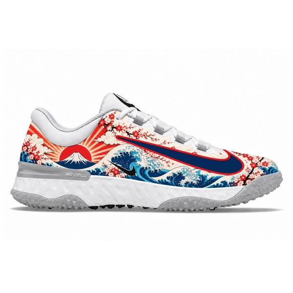 White Nike Alpha Huarache Elite 4 turf shoes with Mount Fuji rising sun blue waves cherry blossoms and blue Swoosh side view by Stadium Custom Kicks