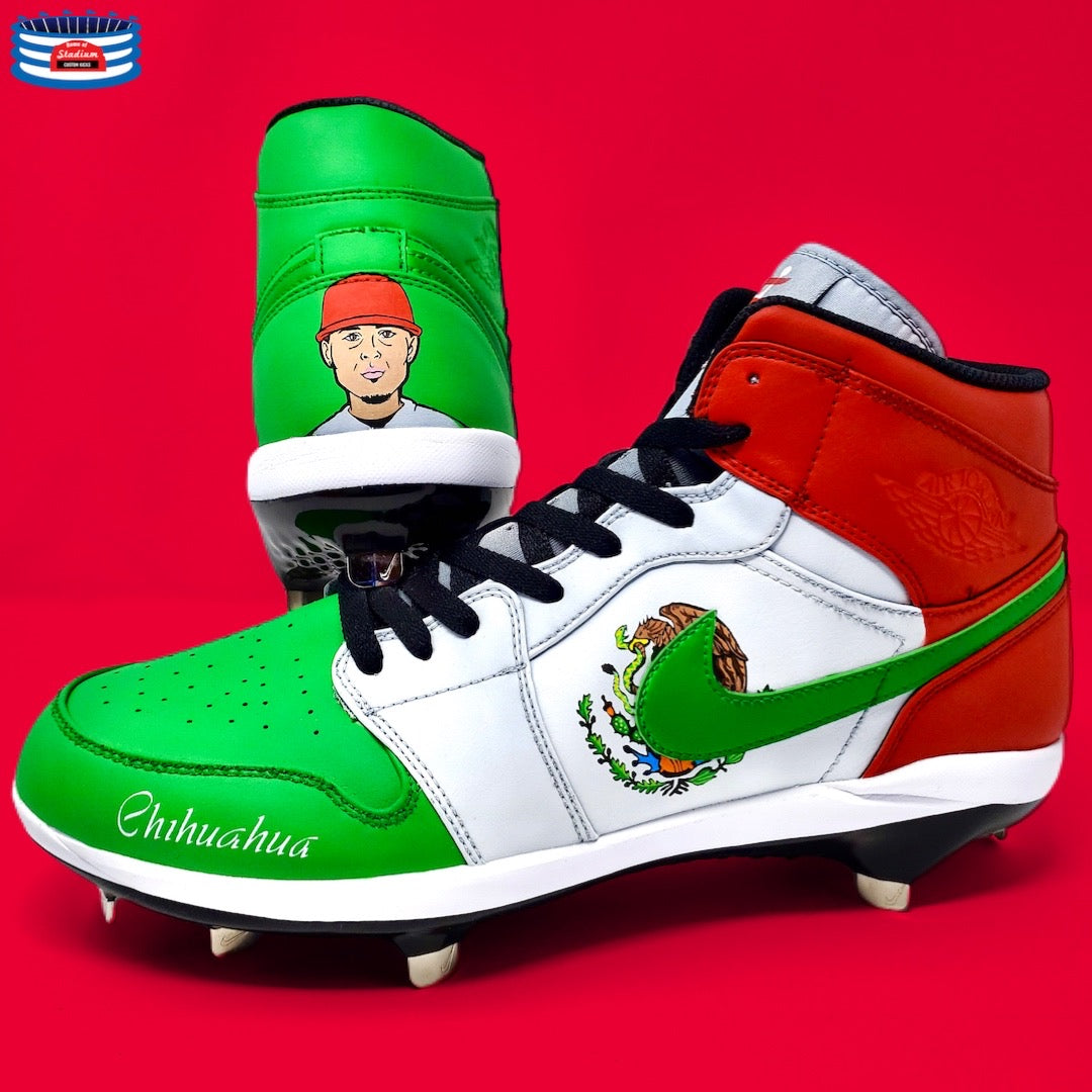 Customized Mexico-themed baseball cleats displayed on Full Custom product page