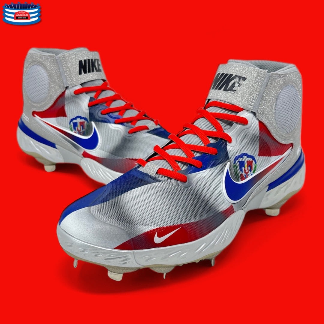Dominican Republic-themed Nike baseball cleats on Full Custom product display