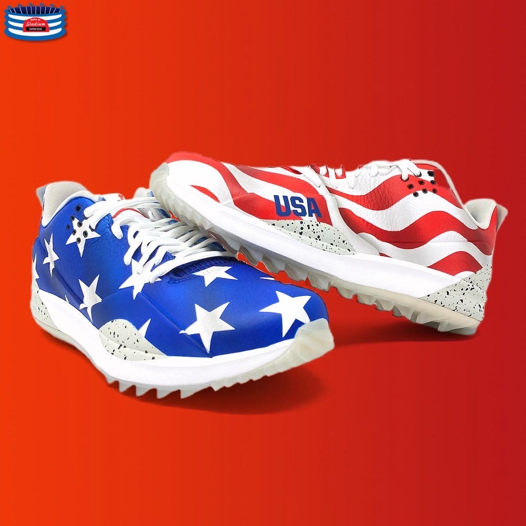 Patriotic golf shoes from Full Custom collection with red white and blue design