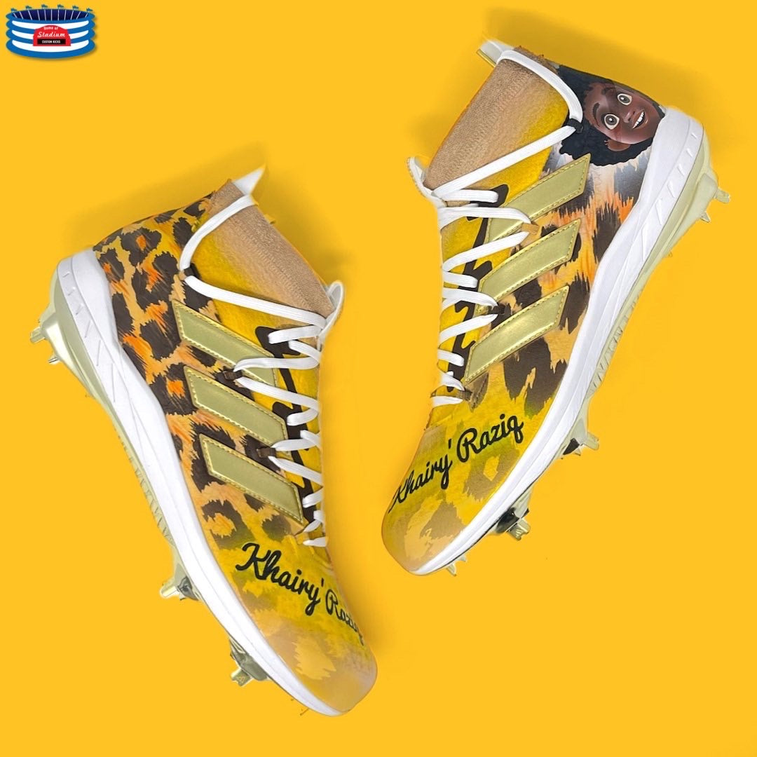 Leopard print Adidas cleats displayed on a product named Full Custom