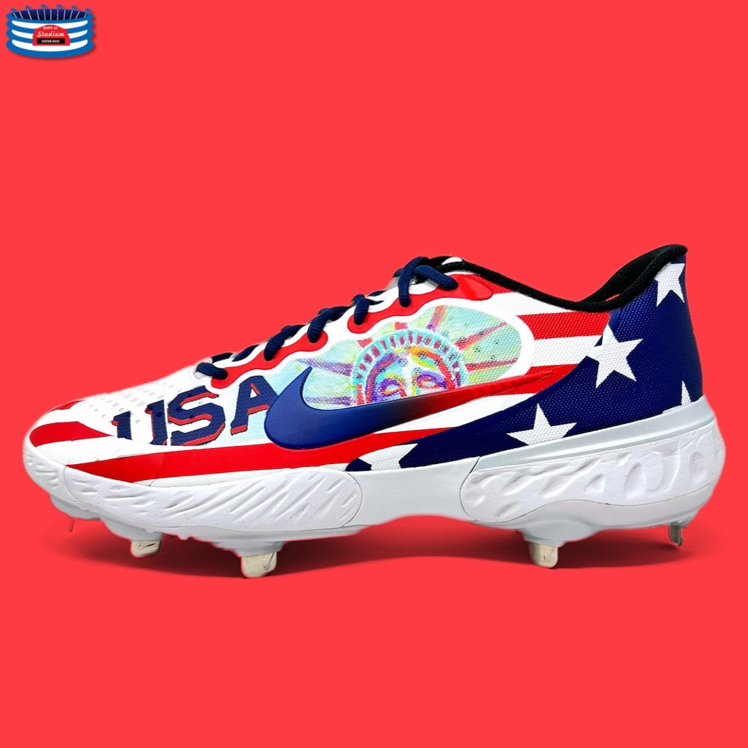Patriotic baseball cleat from Full Custom collection showcasing red white and blue design