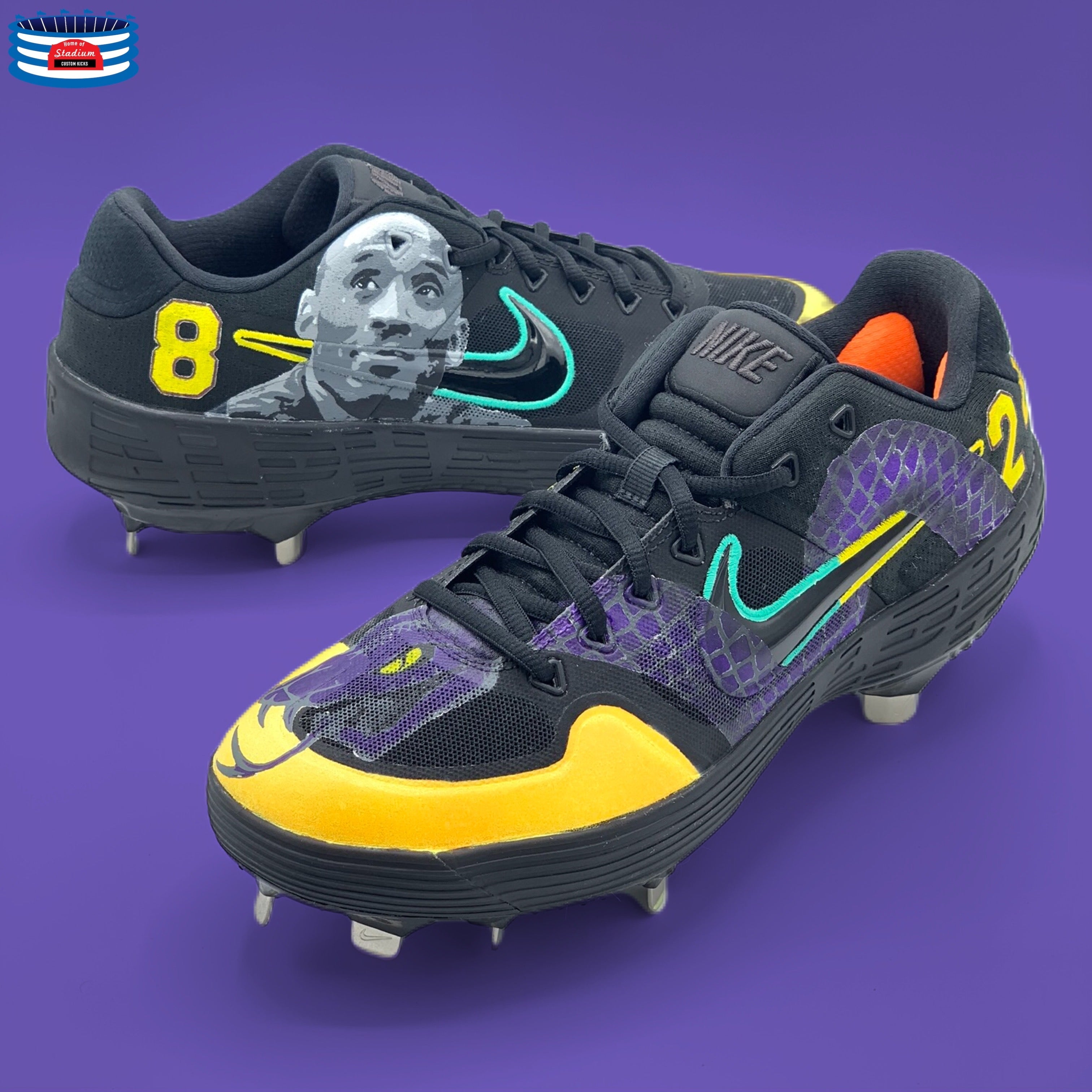 Kobe Bryant-themed Nike baseball cleats on display in the Full Custom product