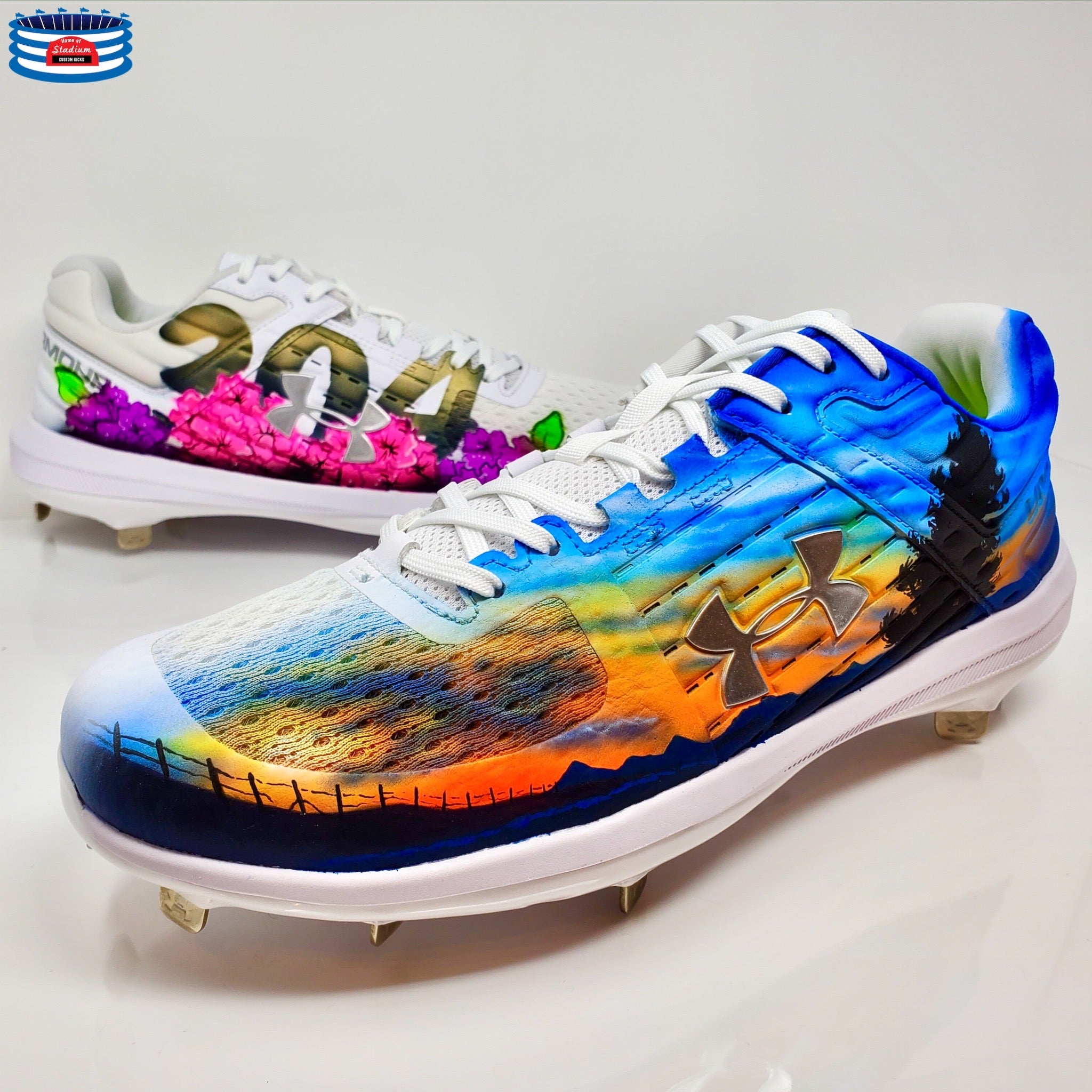 Full Custom custom painted baseball cleats showcasing vibrant unique designs