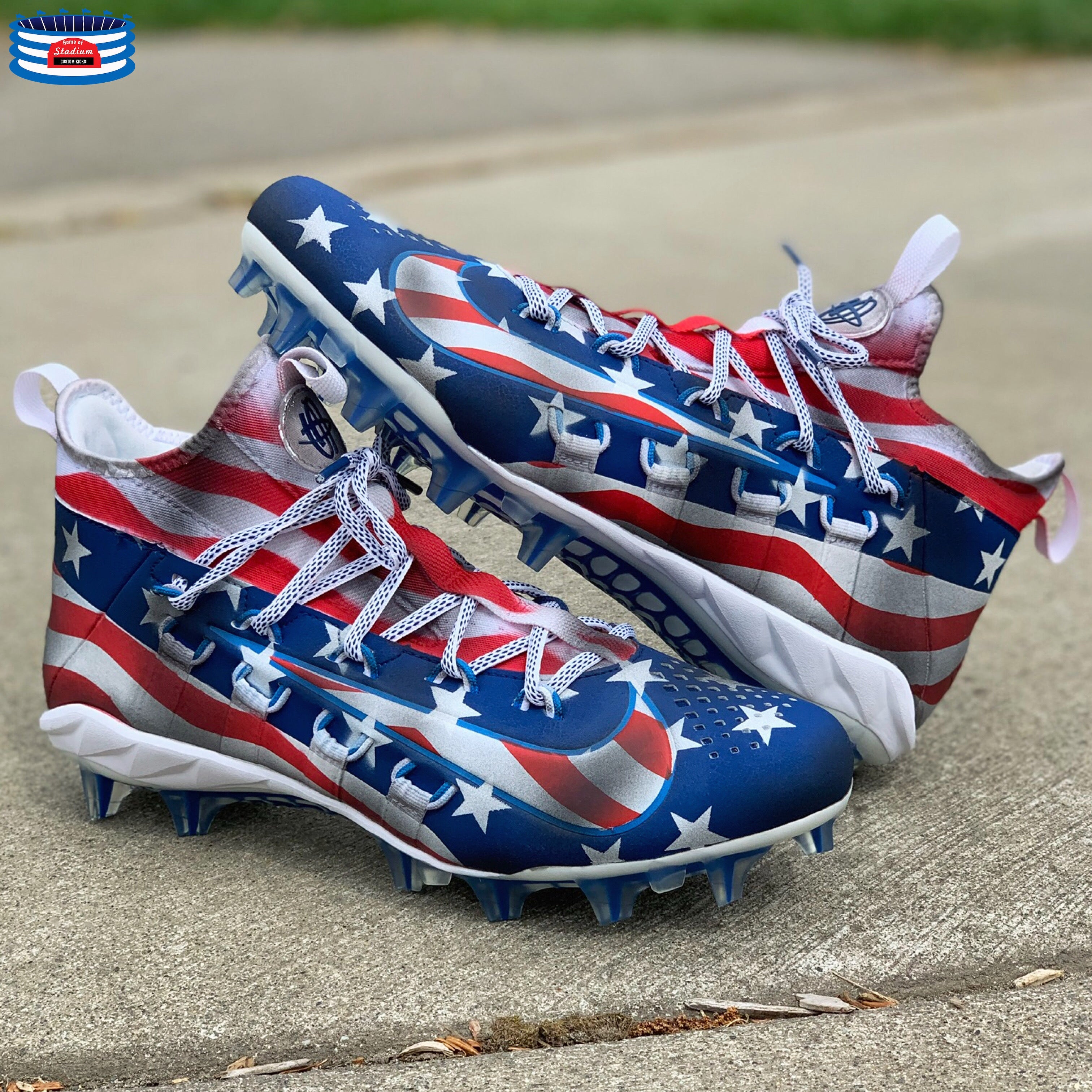 American flag-themed football cleats displayed on the Full Custom product page