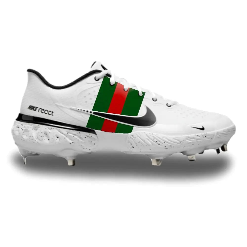 White Nike baseball cleat with green and red stripes from G Stripes Nike Alpha Huarache Elite 3 Low Cleats