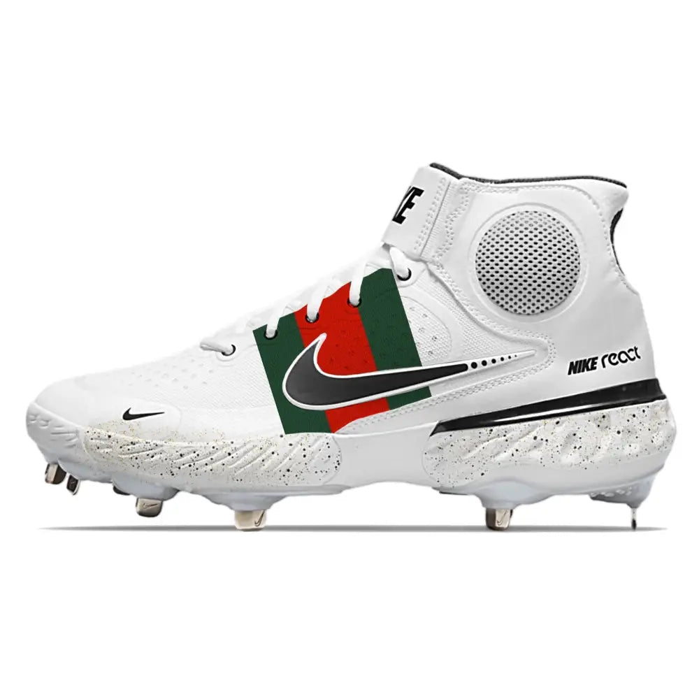 White Nike Alpha Huarache Elite 3 Mid baseball cleat with green and red stripes
