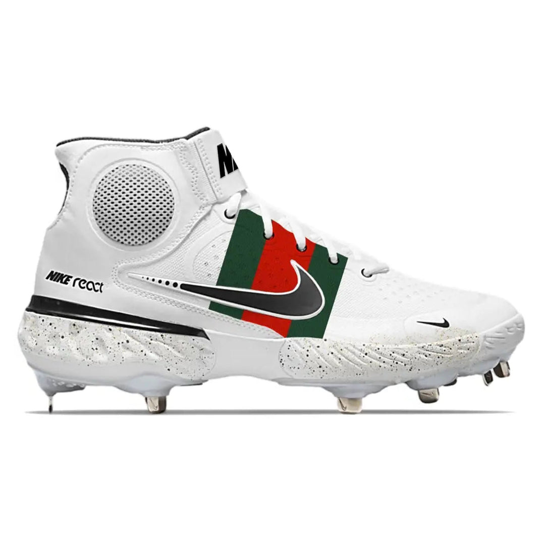 White Nike Alpha Huarache Elite 3 Mid baseball cleat with green and red stripes