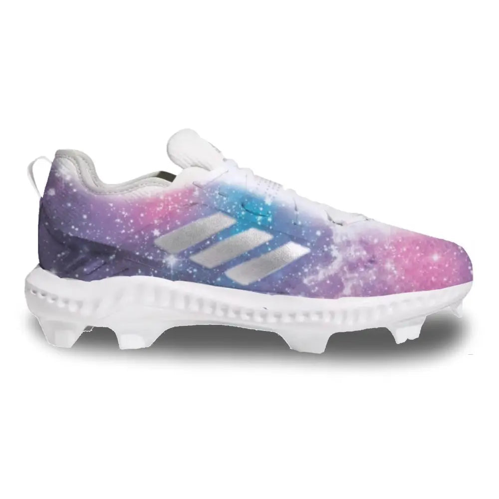 Galaxy-patterned Adidas PureHustle Cleats for baseball with space-inspired design