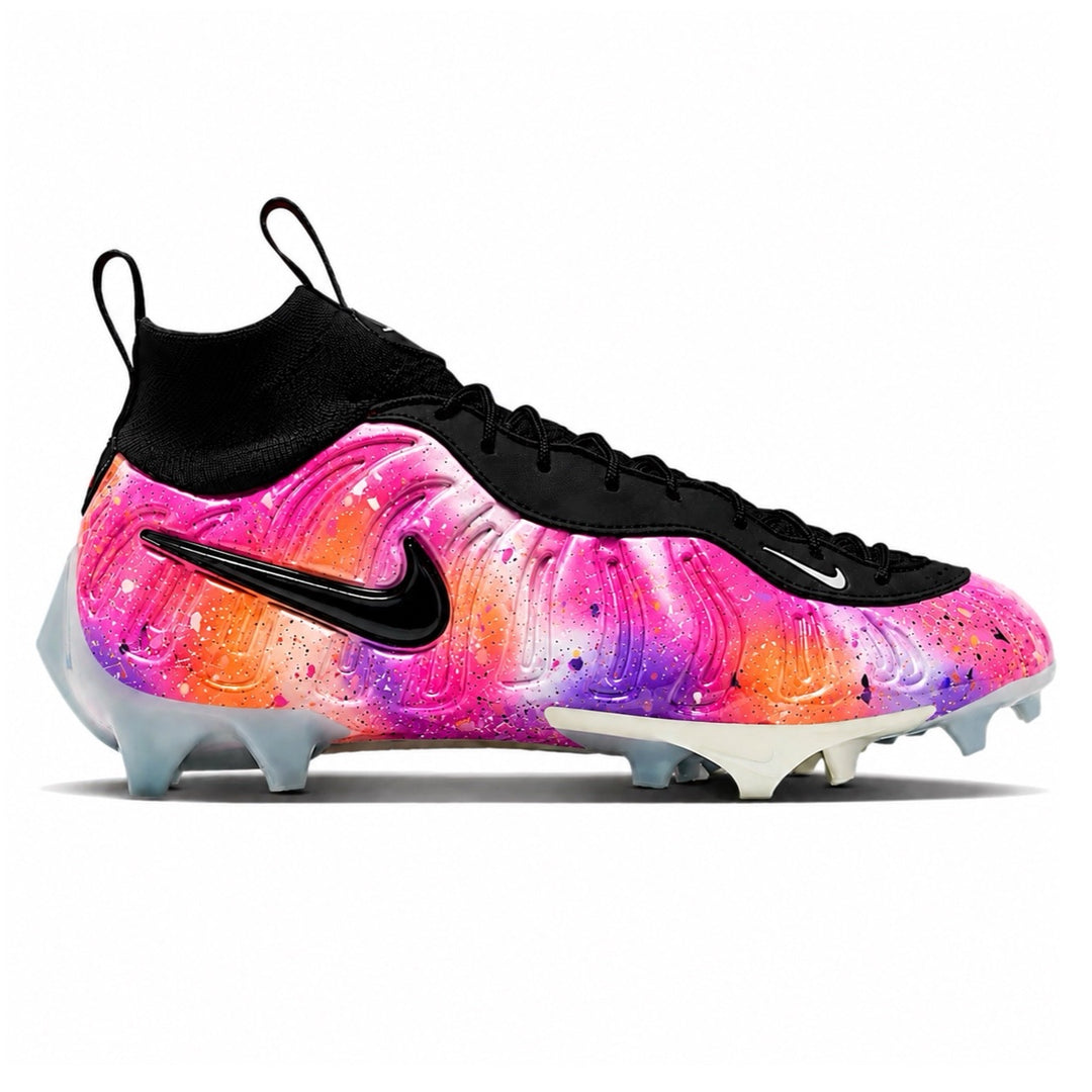 Custom colorway featuring a pink, orange, and purple paint splatter gradient on the foamposite shell with a black upper and icy blue outsole by Stadium Custom Kicks