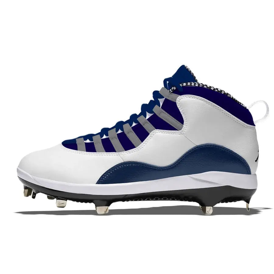 White and navy Georgetown Jordan Retro 10 Metal Baseball Cleats with high-performance design