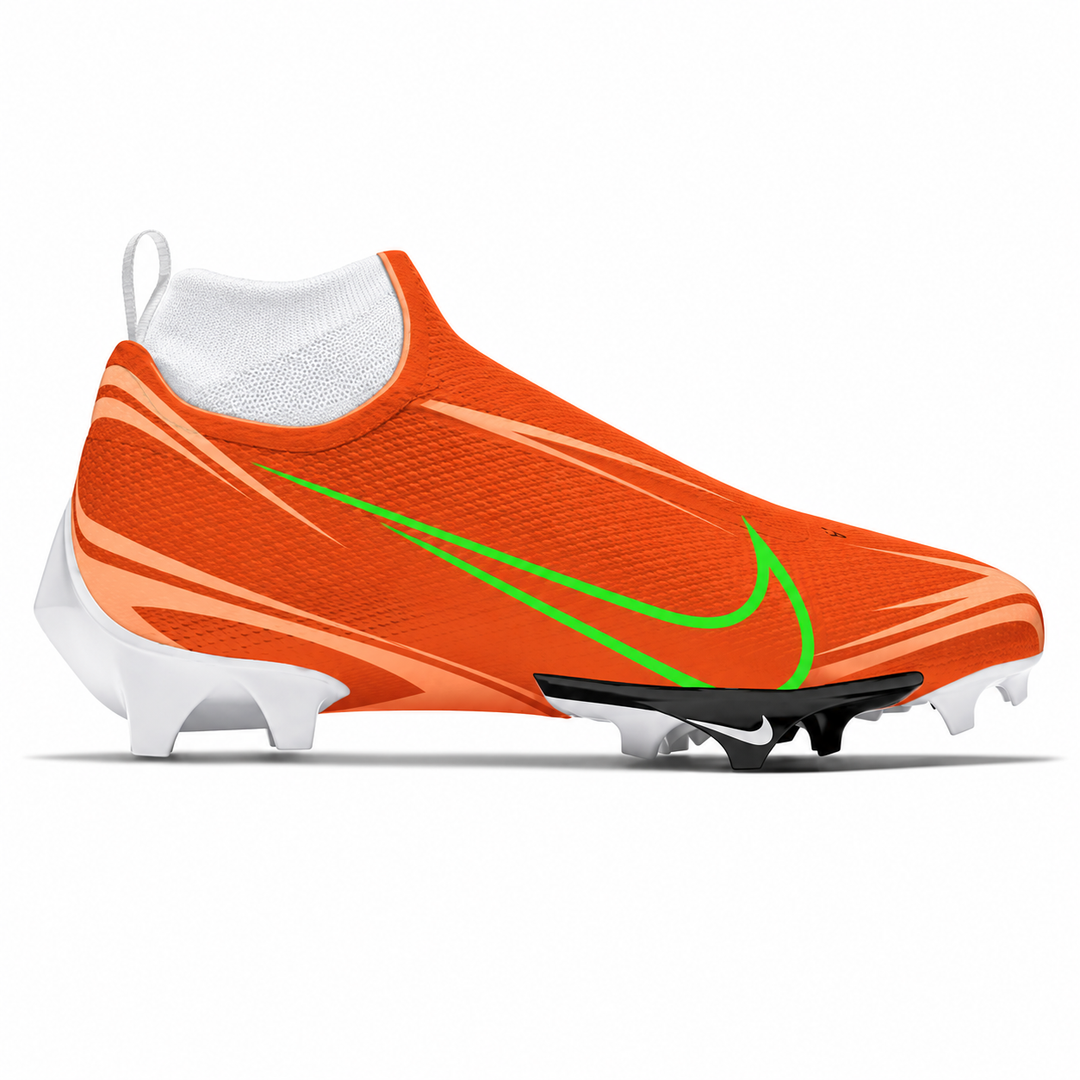 Bright orange Nike Vapor Pro 360 cleat with a white sock liner, neon green Swoosh, and peach vector accents across the upper.