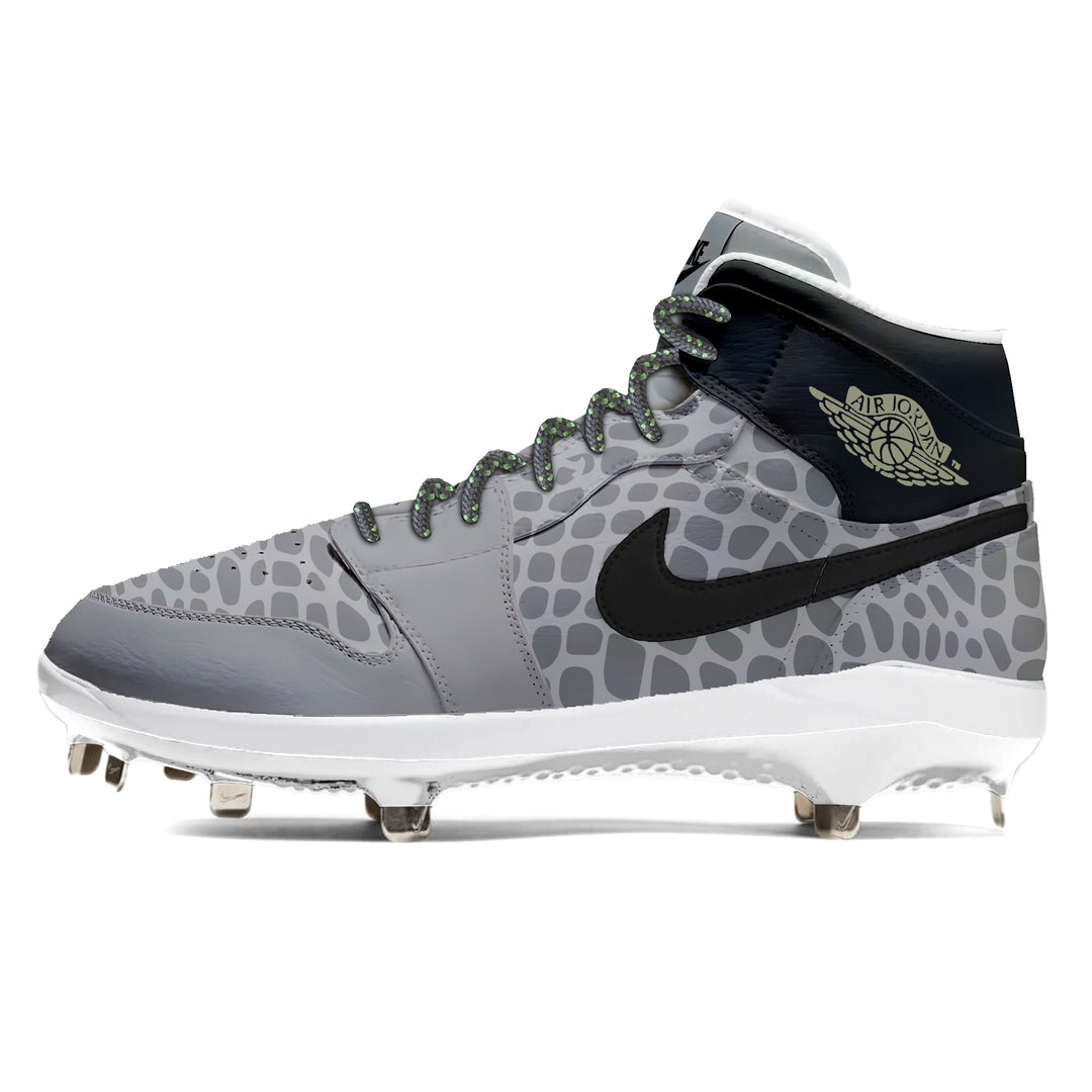 Jordan 1 Retro baseball cleats with a ghost viper snake pattern design in gray and black with a stealth finish