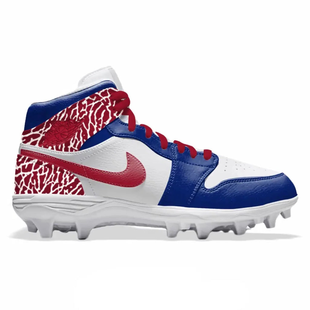 Blue and red cleats with a white Nike logo on a white background