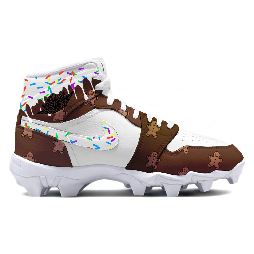 Cleats with gingerbread and candy design on a white background