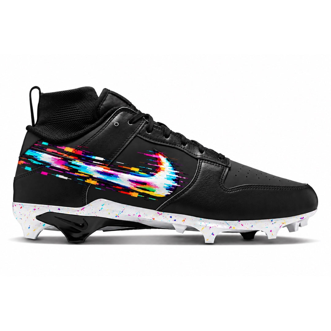 Black Nike Alpha Menace Dunk football cleats with multicolor pixel glitch Swoosh and white paint splatter sole side view by Stadium Custom Kicks