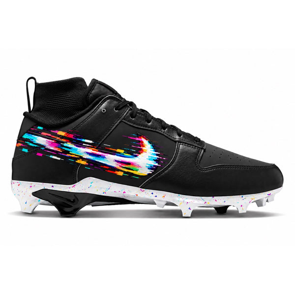 Black Nike Alpha Menace Dunk football cleats with multicolor pixel glitch Swoosh and white paint splatter sole side view by Stadium Custom Kicks