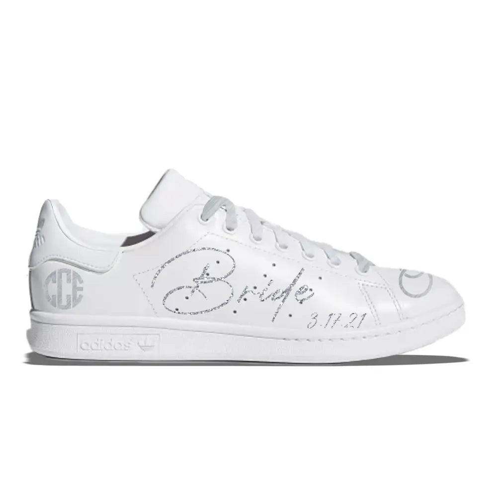 Customizable white Adidas Stan Smith Glitter Bride Shoes for wedding or special occasions