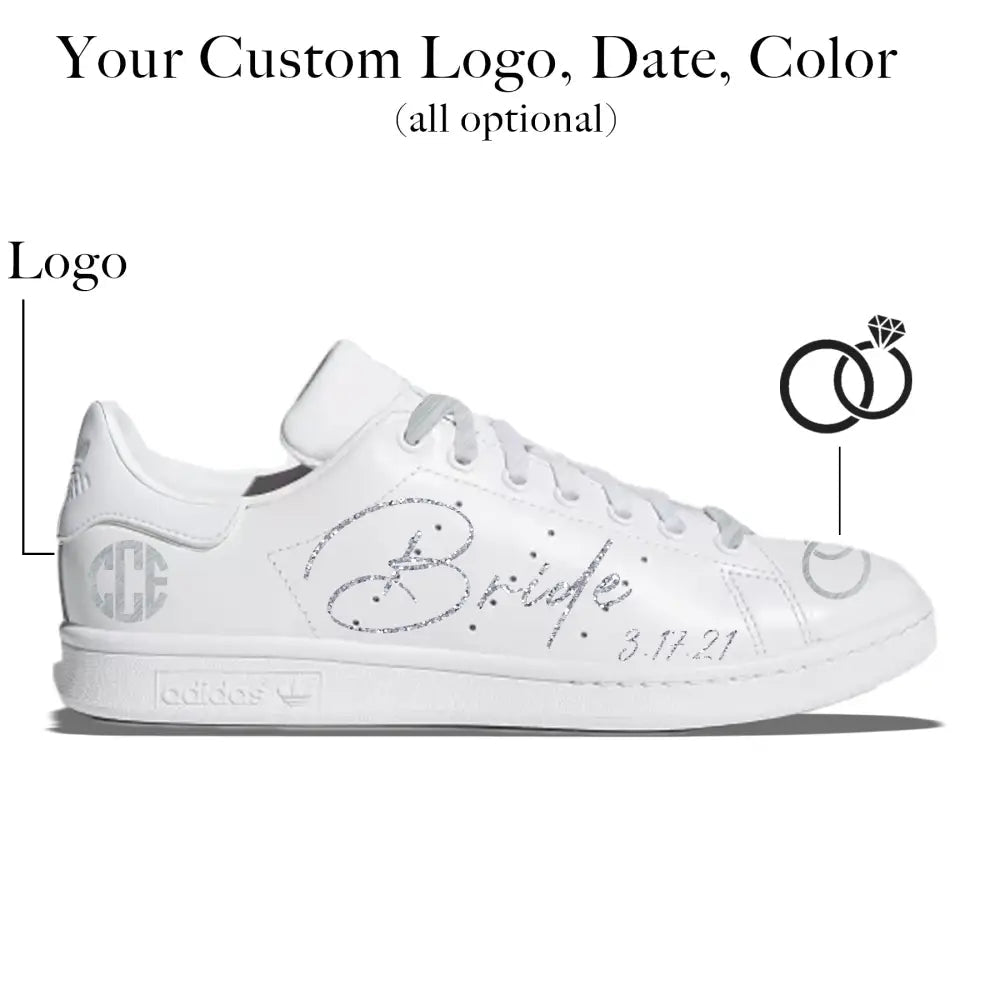 White sneaker with personalized text and design elements on a white background