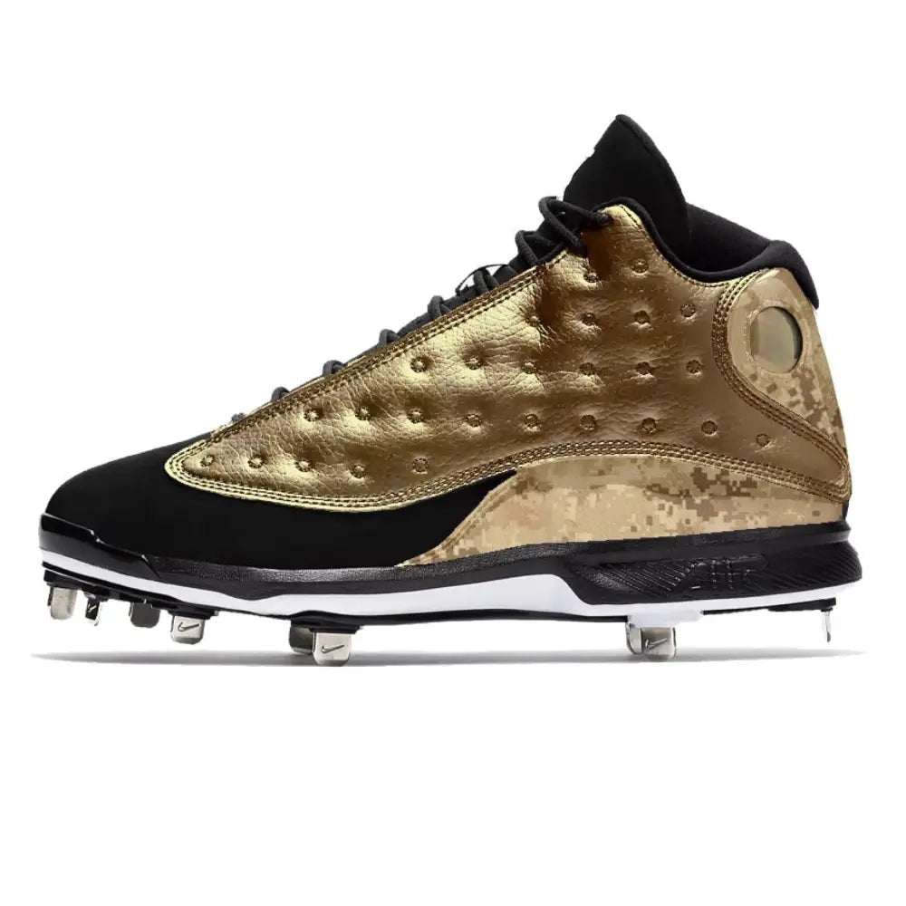 Gold and black Jordan 13 Retro Cleats with Gold Leaf design for baseball