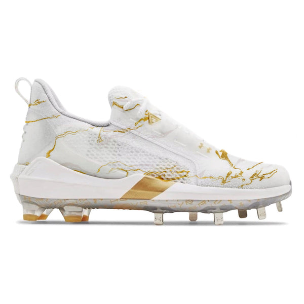 Marble custom painted Under Armour 6 Low ST baseball cleats with gold marble veining on a clean white base and gold side stripe by Stadium Custom Kicks
