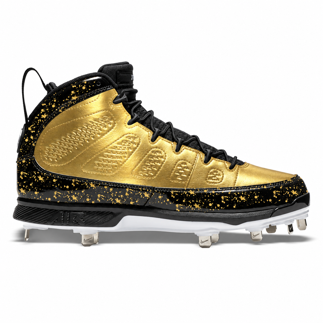 A high-top baseball cleat featuring a metallic gold upper with black textured overlays, black laces, a black midsole with gold speckling, and white cleats on a clean white background.