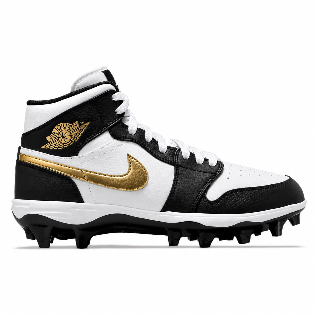 White black and gold Jordan 1 TD cleats side view by Stadium Custom Kicks