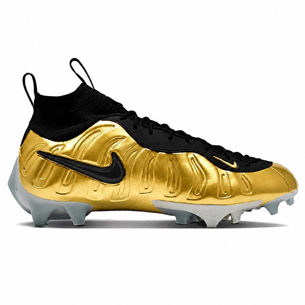 Metallic gold Nike Foamposite football cleat with black knit collar and black Swoosh by Stadium Custom Kicks