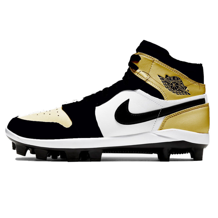 Black white and gold Air Jordan 1 Retro Cleats with gold toe detail