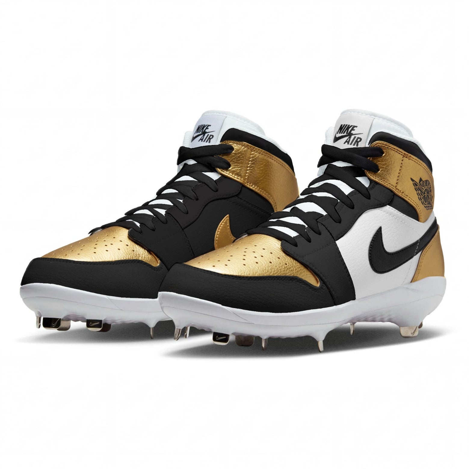 Pair of black, gold, and white Nike Air cleats on a white background